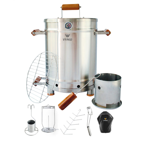 Combo Barril Asador Mediano de 28 Lb con Termometro Inteligente | Barril Colombiano Vikingo Completo