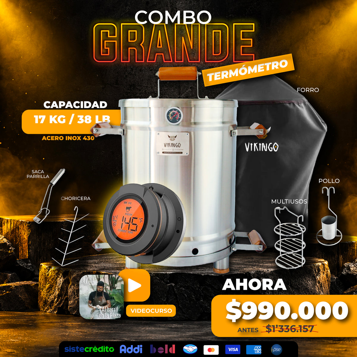 Combo Barril Asador Grande de 38 Lb con Termometro Inteligente | Barril Colombiano Vikingo