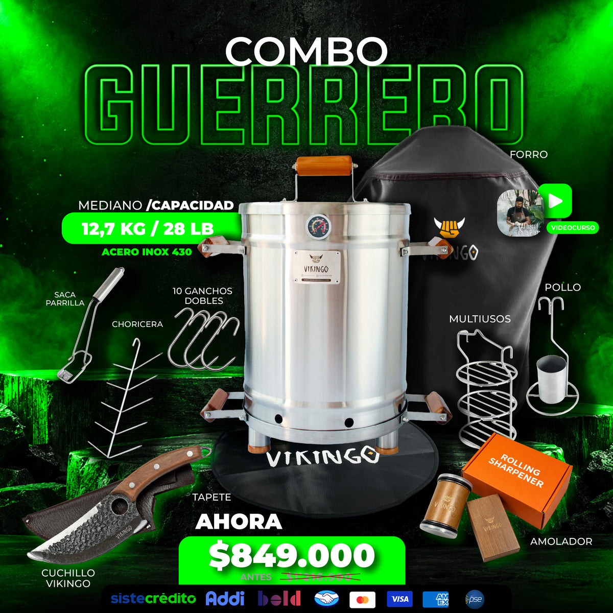 Combo Guerrero Barril Asador Mediano de 28 Lb
