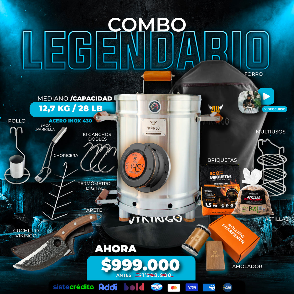 Combo Legendario Barril Asador Mediano de 28 Lb