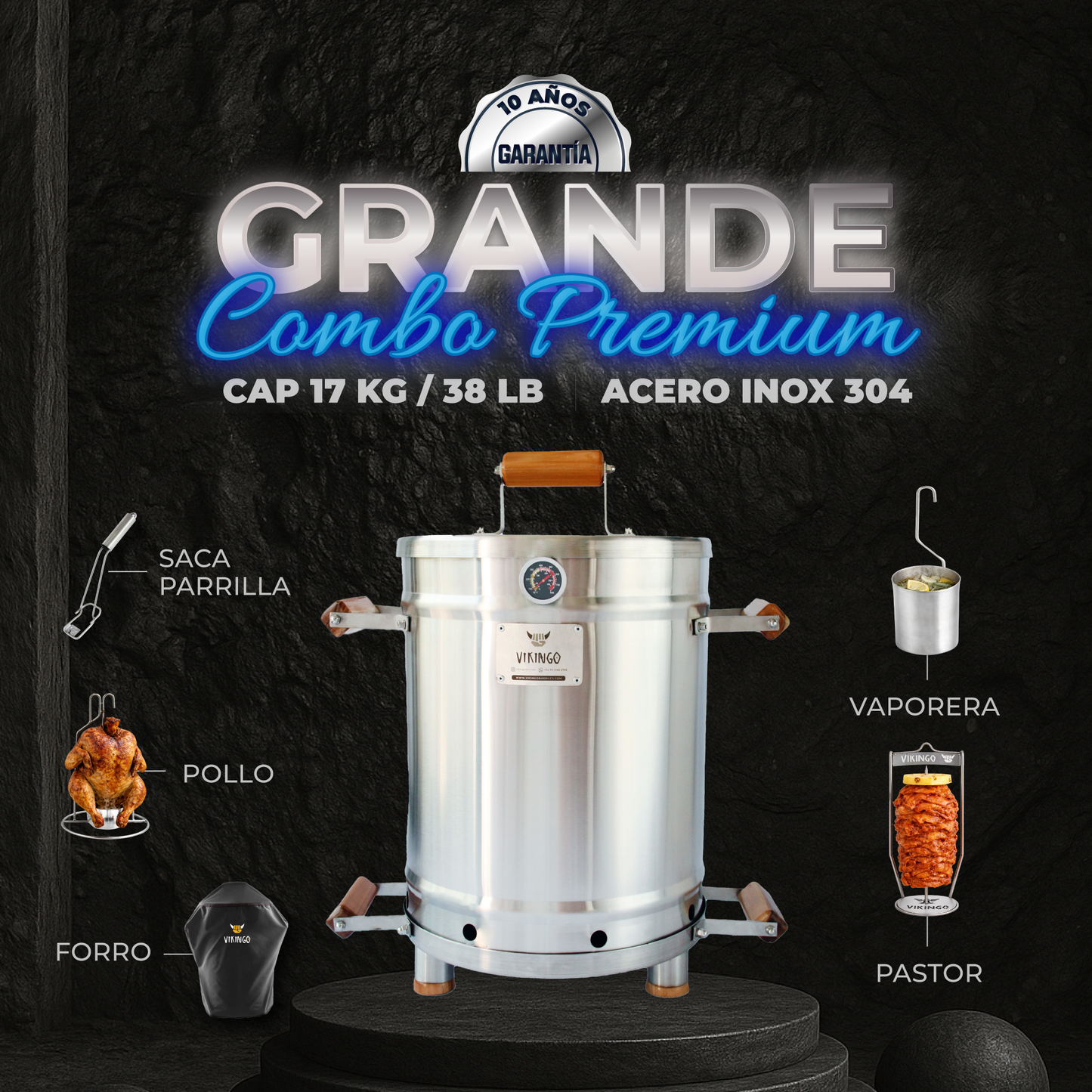 Combo Barril Asador Grande de 38 Lb en Acero Inox 304 | Barril Colombiano Vikingo