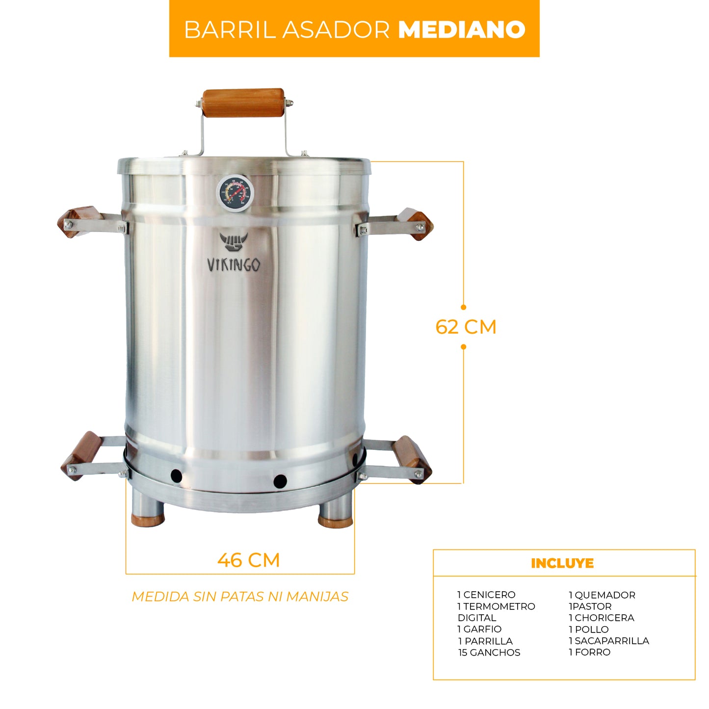 Combo Barril Asador Mediano de 28 Lb con Termometro Inteligente | Barril Colombiano Vikingo Completo