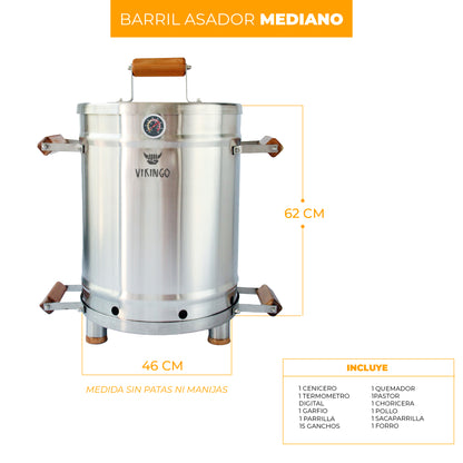 Combo Barril Asador Mediano de 28 Lb con Termometro Inteligente | Barril Colombiano Vikingo Completo