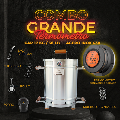 Combo Barril Asador Grande de 38 Lb con Termometro Inteligente | Barril Colombiano Vikingo
