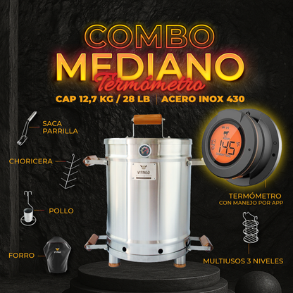 Combo Barril Asador Mediano de 28 Lb con Termometro Inteligente | Barril Colombiano Vikingo Completo