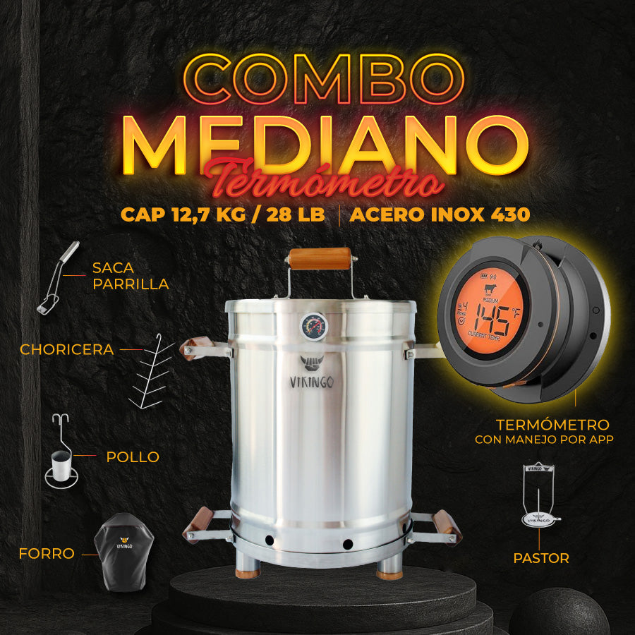 Combo Barril Asador Mediano de 28 Lb con Termometro Inteligente | Barril Colombiano Vikingo Completo