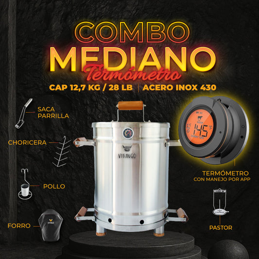 Combo Barril Asador Mediano de 28 Lb con Termometro Inteligente | Barril Colombiano Vikingo Completo